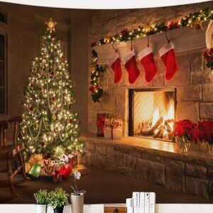 Christmas Tree And Fireplace Printed Tapestry